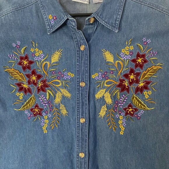 Vintage Bobbie Brooks Embroidered Floral Print Denim Button-Up Shirt Women's XL - Picture 6 of 10